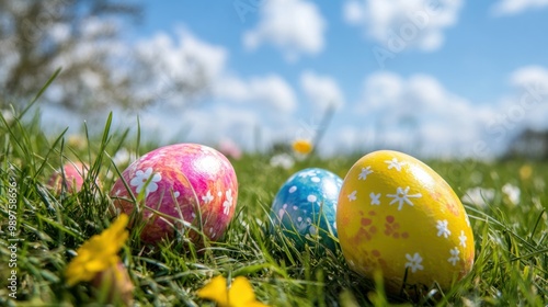 Bright Easter eggs in a grassy field with colorful flowers and blue skies in the background.