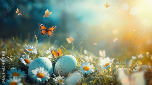 Bright Easter eggs nestled in grass with daisies, surrounded by butterflies and sunshine.