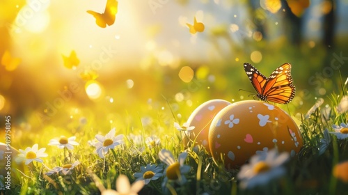 Bright Easter eggs nestled in grass with daisies, surrounded by butterflies and sunshine.