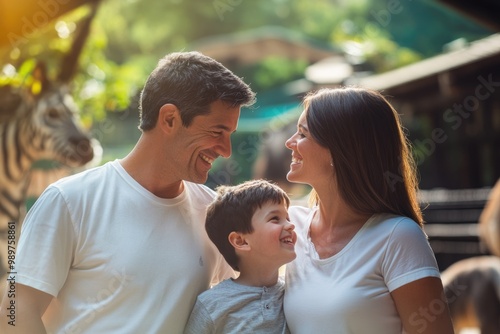 High-resolution brightly lit photorealistic candid photograph of a father, mother, and son smiling at each other while standing in front of a zoo exhibit, with a soft, creamy bokeh background. The