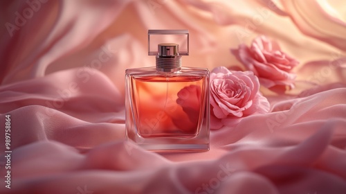 The product photography is a pink perfume with a gradient light pink background and jasmine flowers. product perfume with a silk background