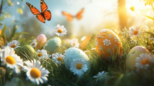 Bright Easter eggs nestled in grass with daisies, surrounded by butterflies and sunshine.