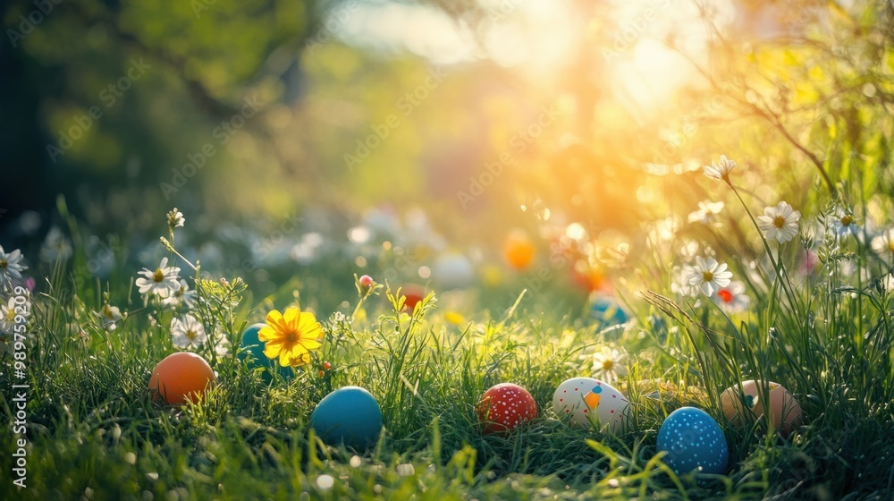 Brightly colored Easter eggs hidden in the grass, with spring flowers and sunshine all around. Brightly colored Easter eggs hidden in the grass, with spring flowers and sunshine all around.