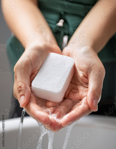 Washing hands with soap under the faucet with water. hands and water