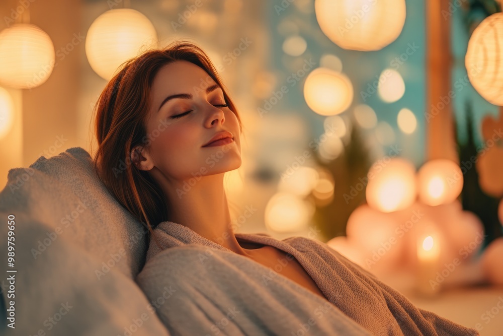 High-resolution brightly lit photorealistic candid photograph of a beautiful presenter woman in a spa, relaxing in a tranquil room, surrounded by soft lighting and calming spa decorations. The High-resolution brightly lit photorealistic candid photograph of a beautiful presenter woman in a spa, relaxing in a tranquil room, surrounded by soft lighting and calming spa decorations. The