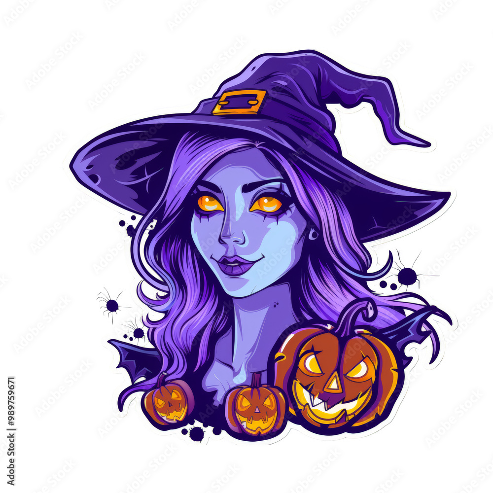 A cartoon illustration of a witch with purple hair, a pointed hat, and a mischievous smile. She is surrounded by pumpkins and bats. A cartoon illustration of a witch with purple hair, a pointed hat, and a mischievous smile. She is surrounded by pumpkins and bats.