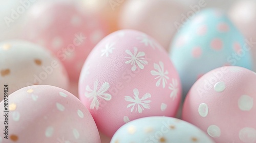 Close-up of beautifully painted Easter eggs in soft pastel shades, resting on a white background.
