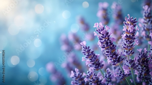 Purple Lavender Flowers Against Blue Background