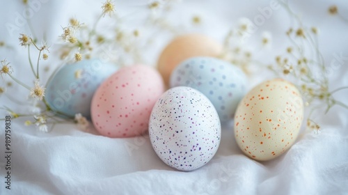 Close-up of beautifully painted Easter eggs in soft pastel shades, resting on a white background.