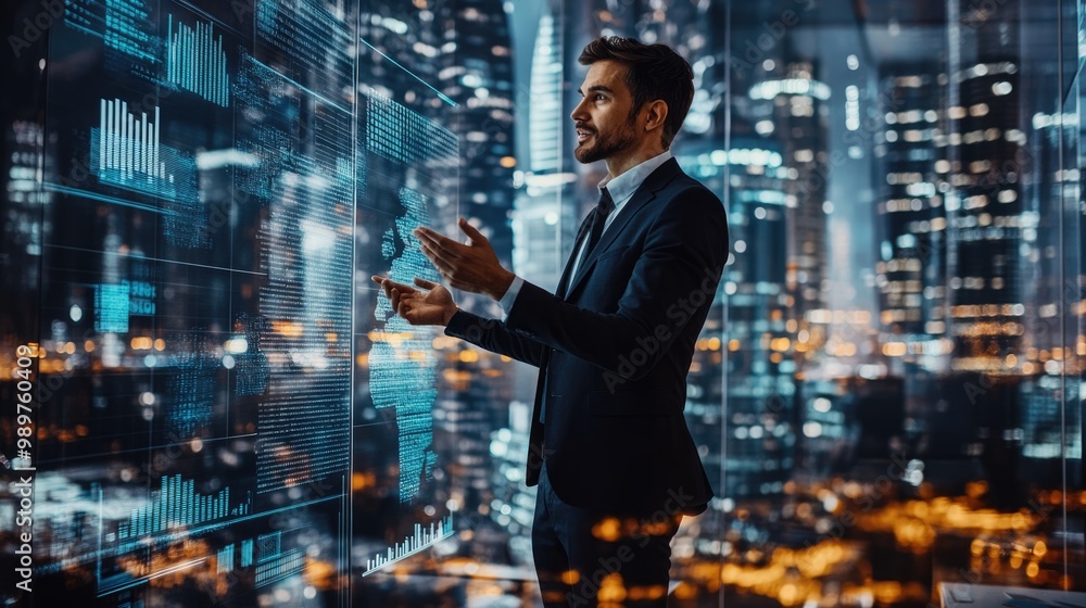 A businessman presenting ideas for team in a high-tech office, surrounded by transparent walls with city views, focused on AI-driven business strategies and professional growth. A businessman presenting ideas for team in a high-tech office, surrounded by transparent walls with city views, focused on AI-driven business strategies and professional growth.