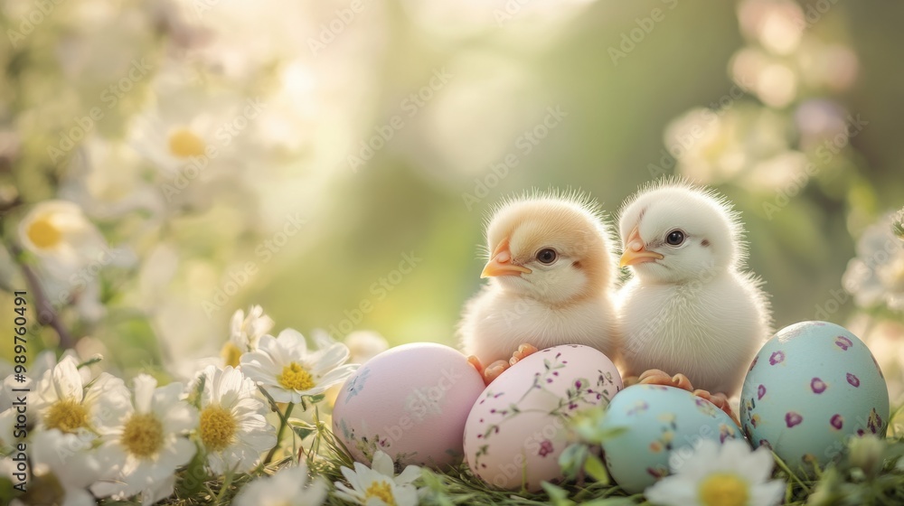 Close-up of cute Easter chicks next to painted eggs, with a soft spring background of flowers. Close-up of cute Easter chicks next to painted eggs, with a soft spring background of flowers.