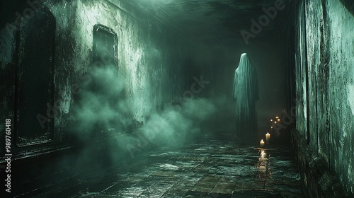 A ghostly figure floating through an abandoned hallway, lit by flickering candles and eerie moonlight photo