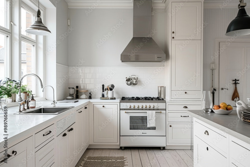 Cozy white kitchen with minimalistic elements and warm atmosphere Cozy white kitchen with minimalistic elements and warm atmosphere