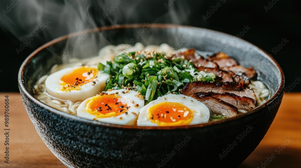 Delicious asian ramen noodle bowl with eggs and meat Delicious asian ramen noodle bowl with eggs and meat