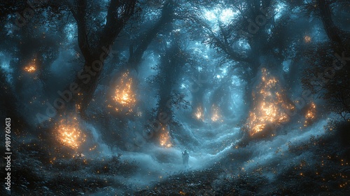 A spooky, enchanted forest filled with ghostly lights, floating orbs, and shadowy creatures lurking in the mist