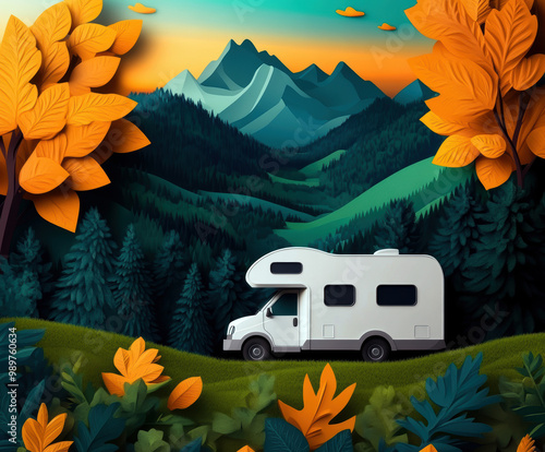 A serene landscape features a cozy white camper set against vibrant autumn leaves and majestic mountains, inviting wanderlust and the spirit of adventure amidst nature's beauty.