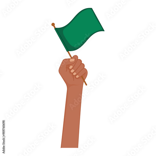 Hand holding green flag in a raised fist, Vector