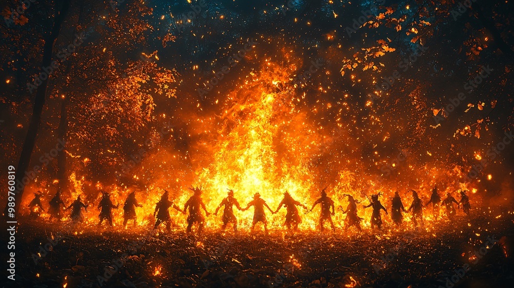 A Halloween bonfire in the middle of a dark forest with shadowy figures dancing around the flames A Halloween bonfire in the middle of a dark forest with shadowy figures dancing around the flames