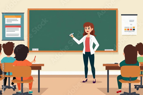 Dynamic Classroom Teaching: Female Educator Engaging Students at Chalkboard, Illustrating Interactive Learning Methods photo