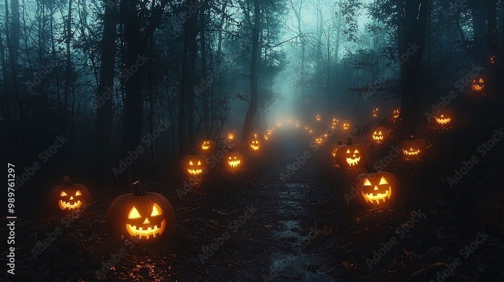 Naklejka premium A spooky fog-covered forest with glowing jack-o-lanterns lighting the path ahead