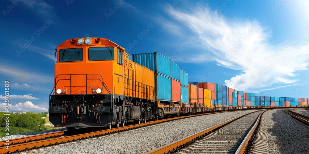 Fototapeta premium Freight Train With Cargo Containers on Railway Tracks