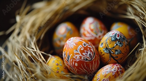 Close-up of painted Easter eggs with detailed designs, arranged in a straw nest.