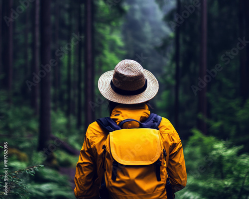 A solitary hiker in a vibrant yellow jacket and straw hat stands amidst a lush green forest, capturing the essence of adventure and tranquility in nature's embrace.