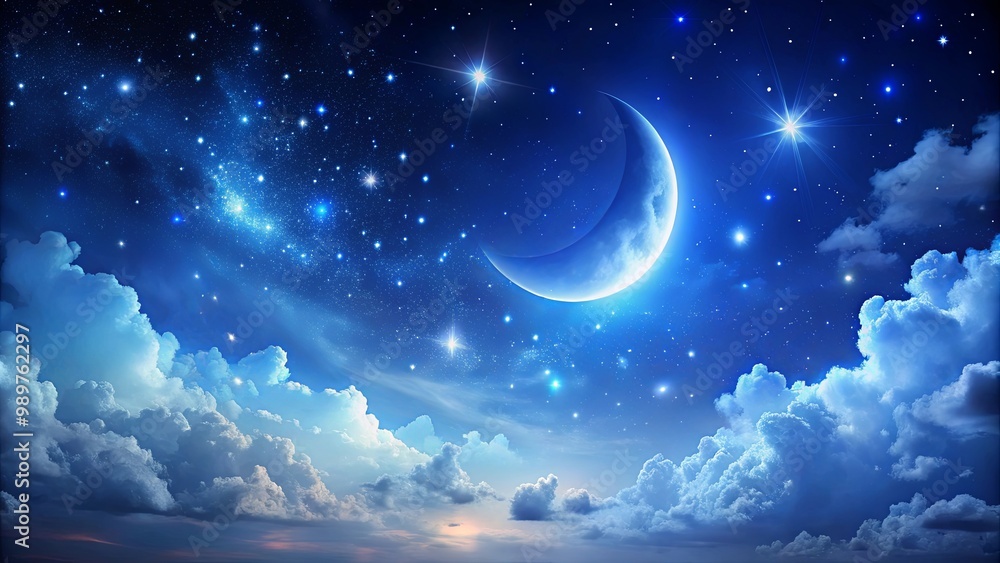 A crescent moon shines brightly in a star-filled night sky, surrounded by fluffy clouds and a hint of twilight. A crescent moon shines brightly in a star-filled night sky, surrounded by fluffy clouds and a hint of twilight.