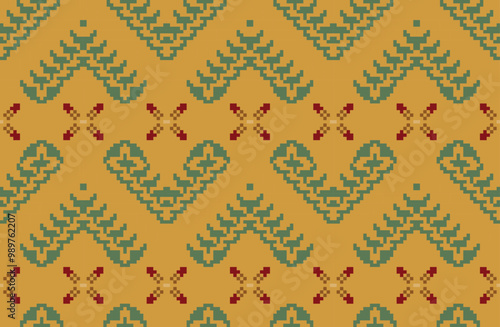 Ethnic Fabric Pixel Ikat Seamless Patternfolk Embroidery, Aztec Geometric Ornament Print. Design for Carpet, Wallpaper, Clothing, Wrapping, Fabric