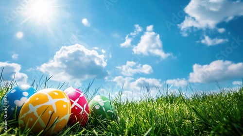 Colorful Easter eggs resting on a bed of fresh green grass, with a clear blue sky and fluffy clouds.
