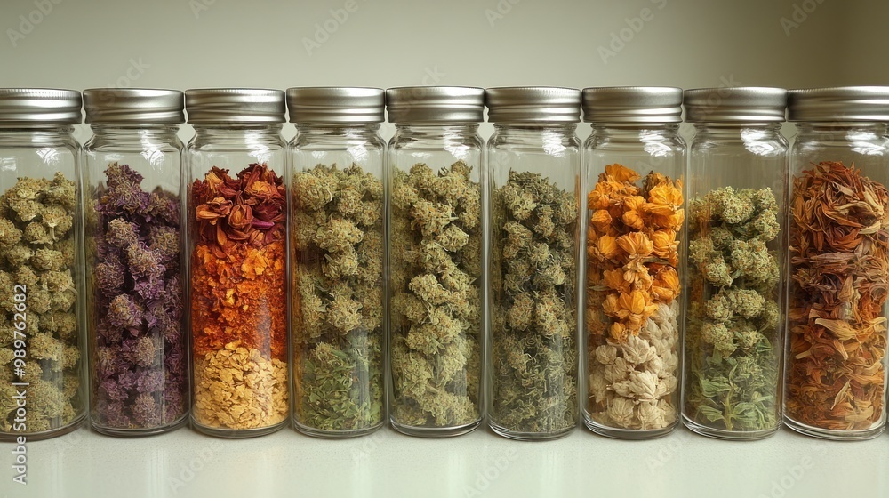 Dried Herbs and Flowers in Glass Jars Dried Herbs and Flowers in Glass Jars