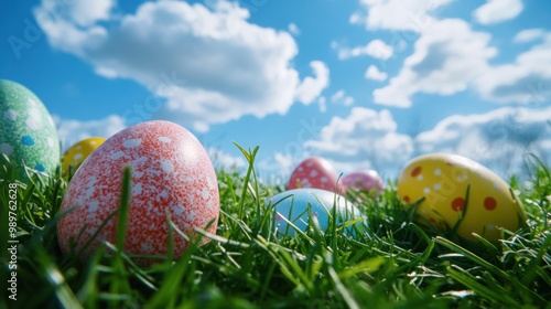 Colorful Easter eggs resting on a bed of fresh green grass, with a clear blue sky and fluffy clouds.