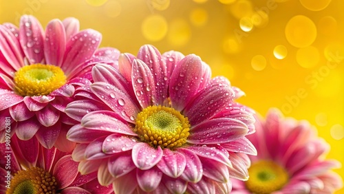 A delicate pink flower with dew drops glistening on its petals, set against a backdrop of soft, warm golden bokeh.