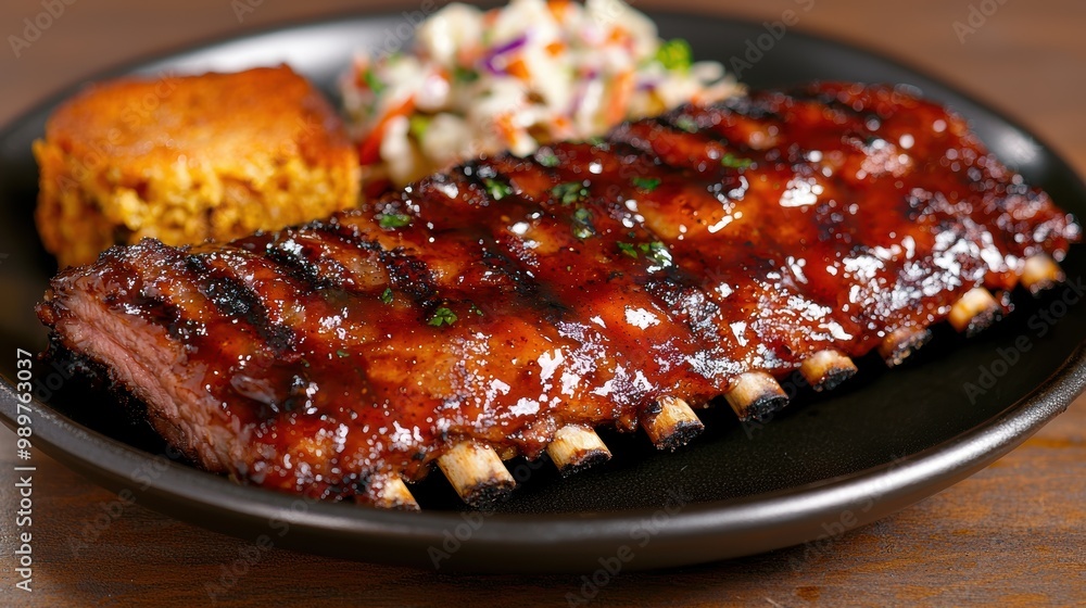 Delicious barbecue ribs with coleslaw and cornbread Delicious barbecue ribs with coleslaw and cornbread