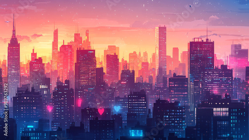 Wallpaper Mural Vibrant city skyline at sunset with colorful lights illuminating the urban landscape Torontodigital.ca
