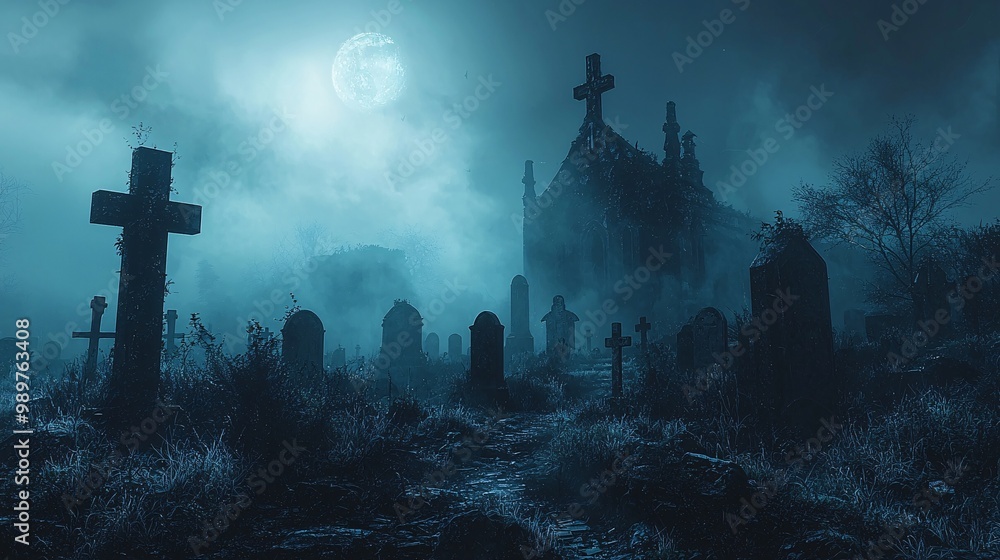 A foggy night scene with skeletons rising from the grave in a haunted cemetery A foggy night scene with skeletons rising from the grave in a haunted cemetery