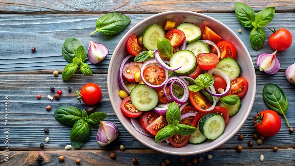 A Vibrant Salad of Freshly Sliced Tomatoes, Cucumbers, and Red Onions, Garnished with Fresh Basil and Scattered with Peppercorns on a Rustic Wooden Surface A Vibrant Salad of Freshly Sliced Tomatoes, Cucumbers, and Red Onions, Garnished with Fresh Basil and Scattered with Peppercorns on a Rustic Wooden Surface