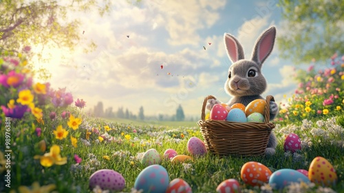 Cute Easter bunny with a basket of colorful eggs, sitting in a grassy field with bright flowers.