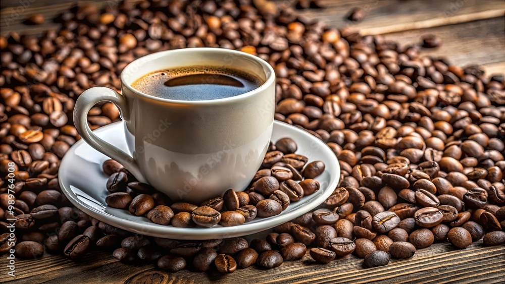 A White Ceramic Cup Filled with Dark Roast Coffee Resting on a Bed of Coffee Beans on a Wood Table A White Ceramic Cup Filled with Dark Roast Coffee Resting on a Bed of Coffee Beans on a Wood Table