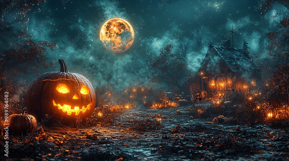 Fototapeta premium A spooky pumpkin patch at night, lit by the moon and flickering lanterns