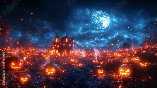 A spooky pumpkin patch at night, lit by the moon and flickering lanterns