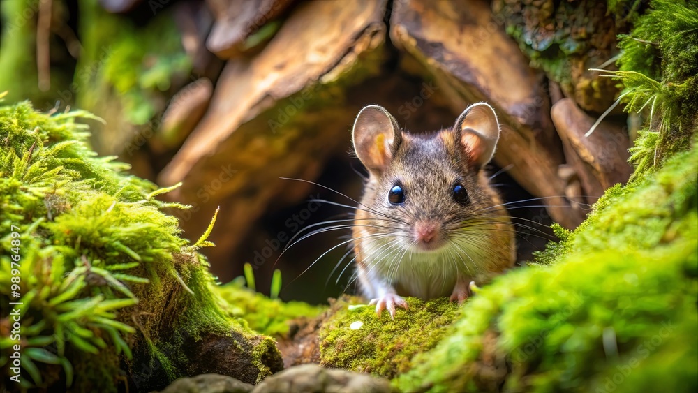 A curious woodland mouse peeks out from its mossy haven, its whiskers twitching as it explores the wild world around it. A curious woodland mouse peeks out from its mossy haven, its whiskers twitching as it explores the wild world around it.