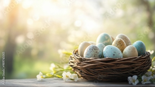 Decorative Easter eggs arranged in a woven basket, set against a soft, sunny spring backdrop.