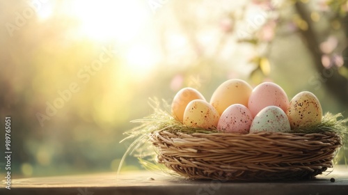 Decorative Easter eggs arranged in a woven basket, set against a soft, sunny spring backdrop.