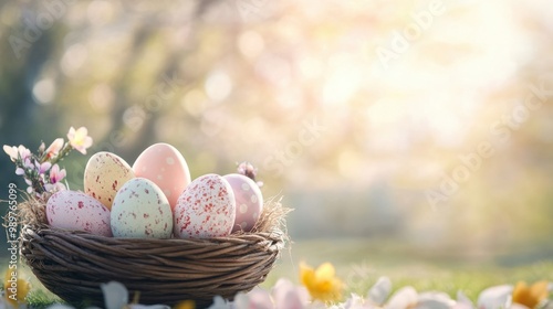 Decorative Easter eggs arranged in a woven basket, set against a soft, sunny spring backdrop.