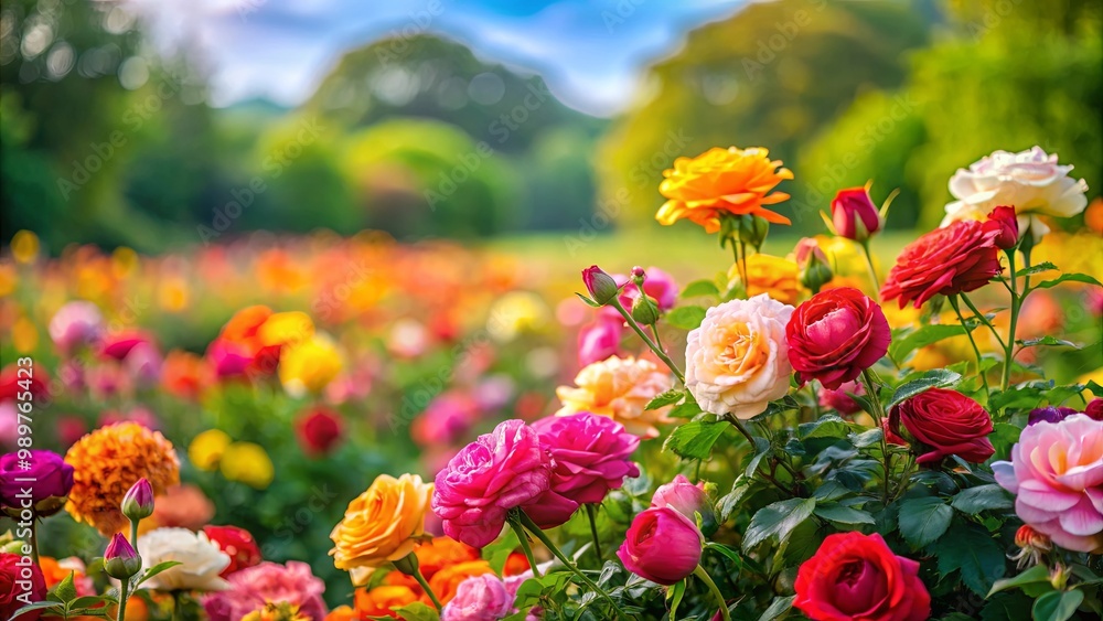 A vibrant rose garden blooms in the soft glow of the sun, showcasing a kaleidoscope of colors and delicate petals, a symphony of nature's beauty. A vibrant rose garden blooms in the soft glow of the sun, showcasing a kaleidoscope of colors and delicate petals, a symphony of nature's beauty.