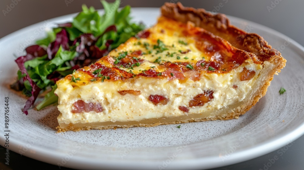 Savory quiche with bacon and salad Savory quiche with bacon and salad