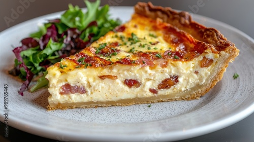 Savory quiche with bacon and salad