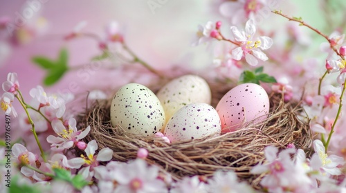 Decorative nest with pastel eggs, surrounded by blooming flowers on a soft spring background.