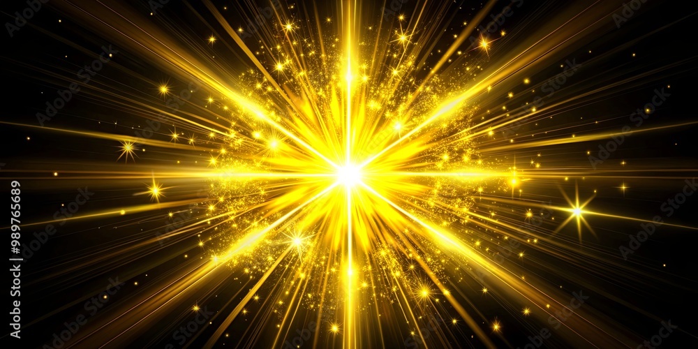 Fototapeta premium Golden Rays of Light Radiate Outward From a Central Point Surrounded by a Shower of Sparkling Dust